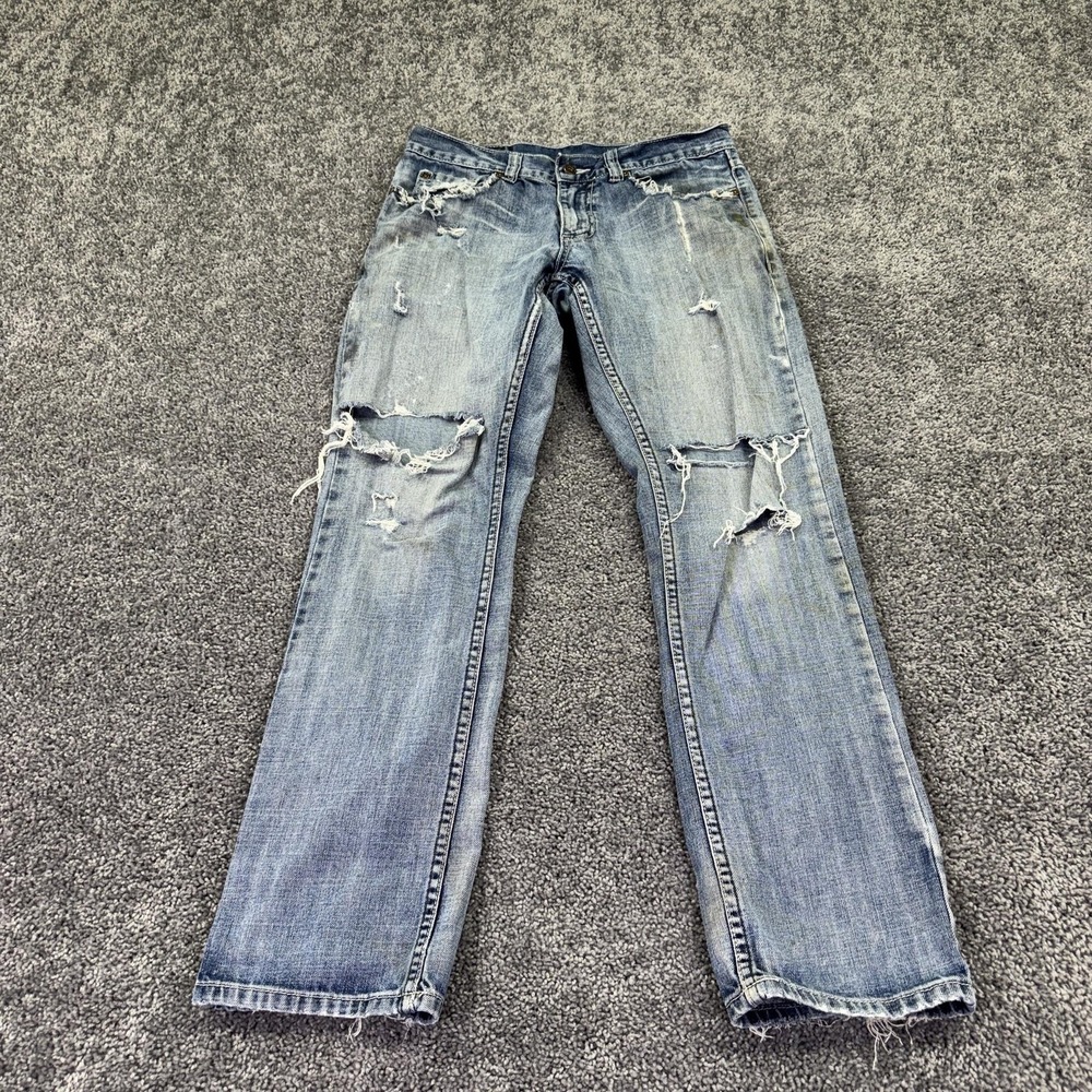 Flypaper Jeans Mens 30x32 Blue Straight Distressed Denim Embroidered Pockets